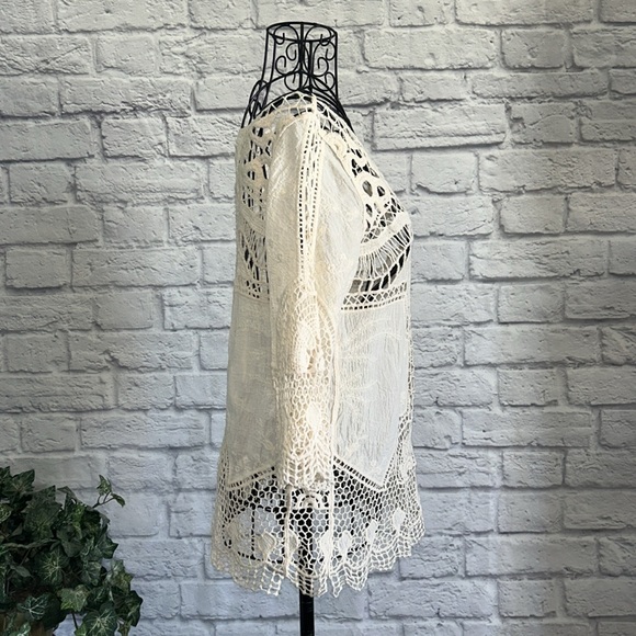 Holly Bracken Bohemian Crochet Three Quarter Sleeve Ivory Pullover Top Small - Picture 3 of 6